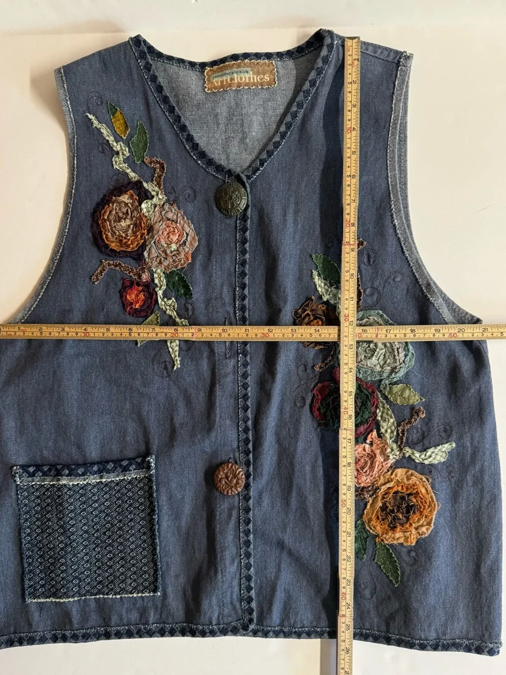 VTG. Artclothes - Handmade Denim Blue Vest Colorful Floral Applique,Embroidery.L